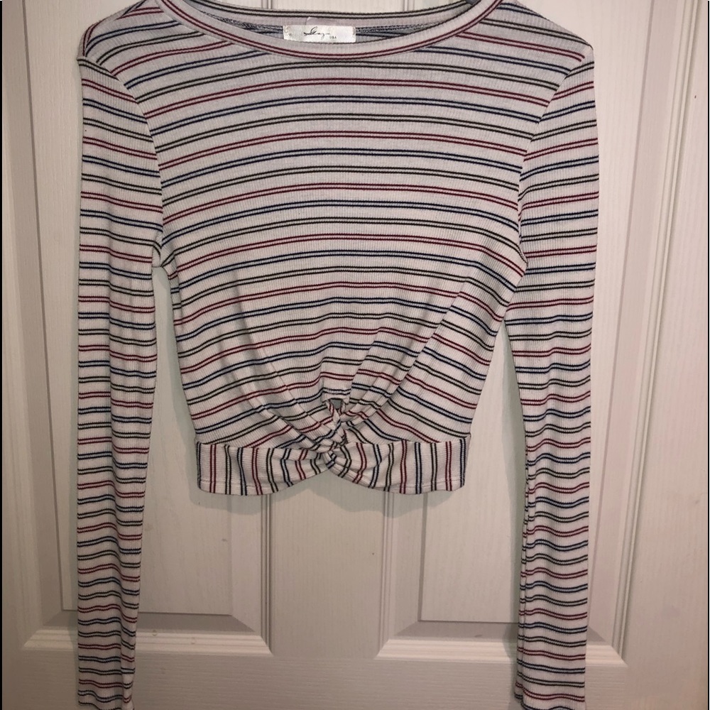 Red White and Blue Striped Long Sleeve Crop Top